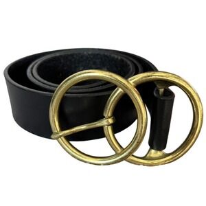 Genuine Leather Double O Ring Belt Black Size S/m Gold Tone Hardware Chic